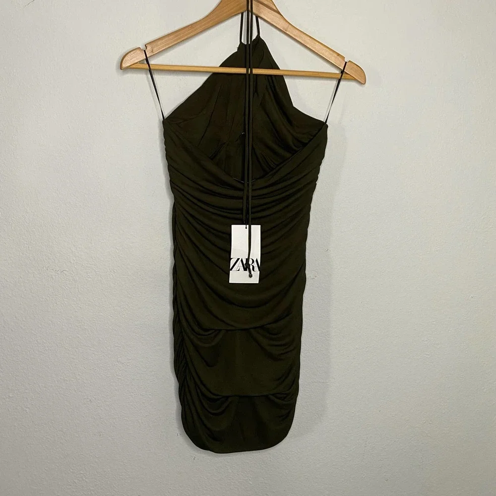 Zara Draped Cut Out Dress Bodycon Halter Neck Dark Khaki M NWT - Picture 4 of 5